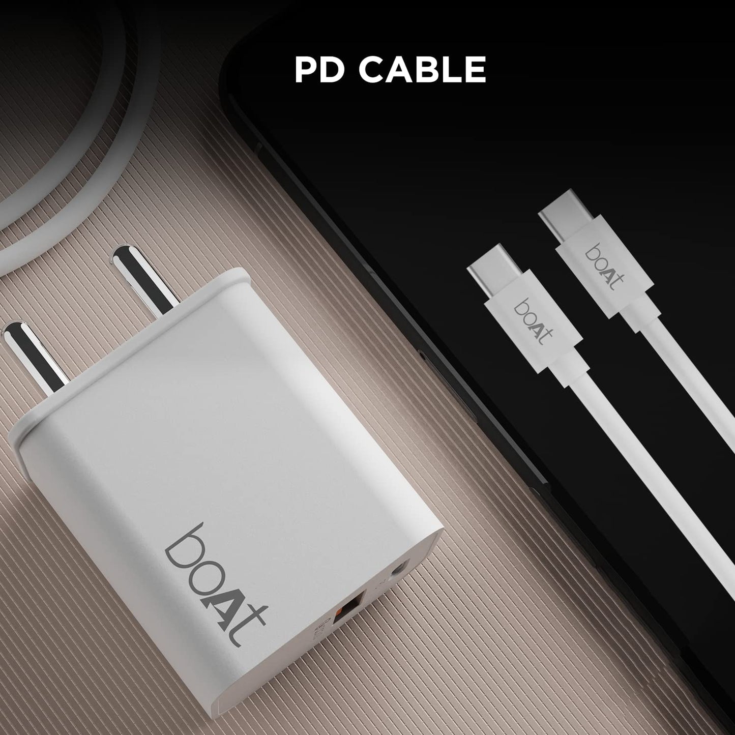 boAt WCDV 22.5W Dual Port Charger with 22.5W Power Delivery Support & 18W Quick Charge 3.0, Smart IC Protection, Auto Detection for Samsung, Xiaomi & Android Users with Type C to Type C Cable(White)