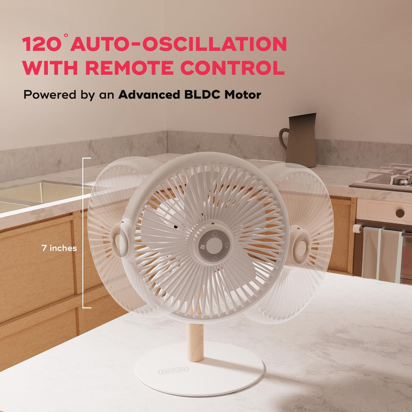 NUUK LIT v2 Cordless & Rechargeable 7 Inch Table Fan with Night Light & Remote Control | Auto Oscillation with 4 Wind Modes | BLDC Fan with Up To 17 Hour Run Time | Portable Table Fan for Home, Office