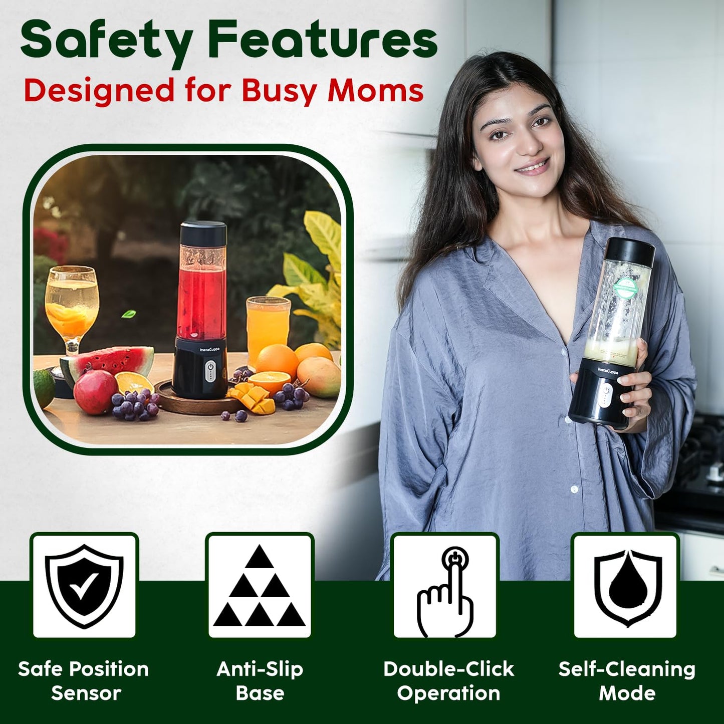 InstaCuppa Portable Blender for Smoothie, Milk Shakes, Crushing Ice and Juice, USB Rechargeable Battery with 4000 mAh 230 Watts Motor, 500 ML, built-in Jar, Black (Stainless Steel Blades)