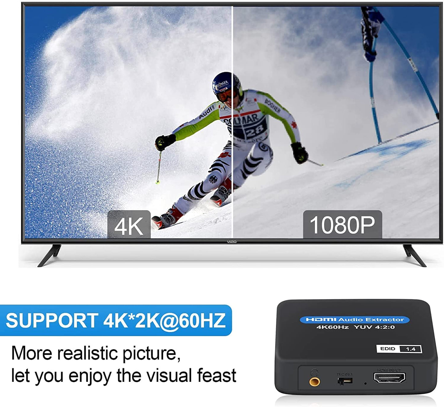 Tobo HDMI Audio Extractor, 4K@60Hz HDMI to HDMI + Optical Toslink SPDIF + 3.5mm Audio Output, HDMI Audio Converter Adapter Embedder Support 1080P 3D Suit for Fire Stick, X-Box, Laptop.-TD-876H.