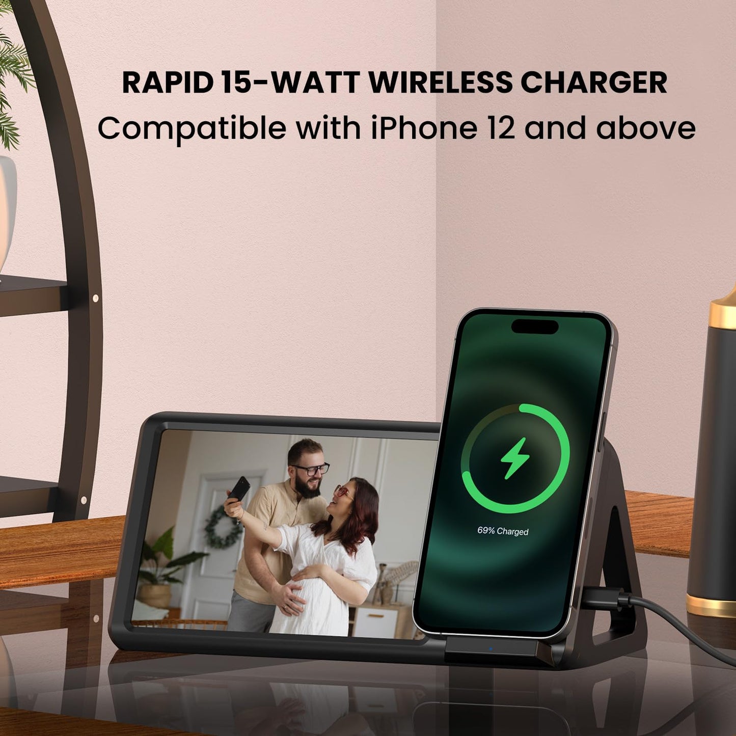 Portronics Freedom 5 Provides Double Utility- a 15W Wireless Charger for Your iPhone (12 & Above Series) and a Photo Frame to Preserve Your Timeless Memories(Black)