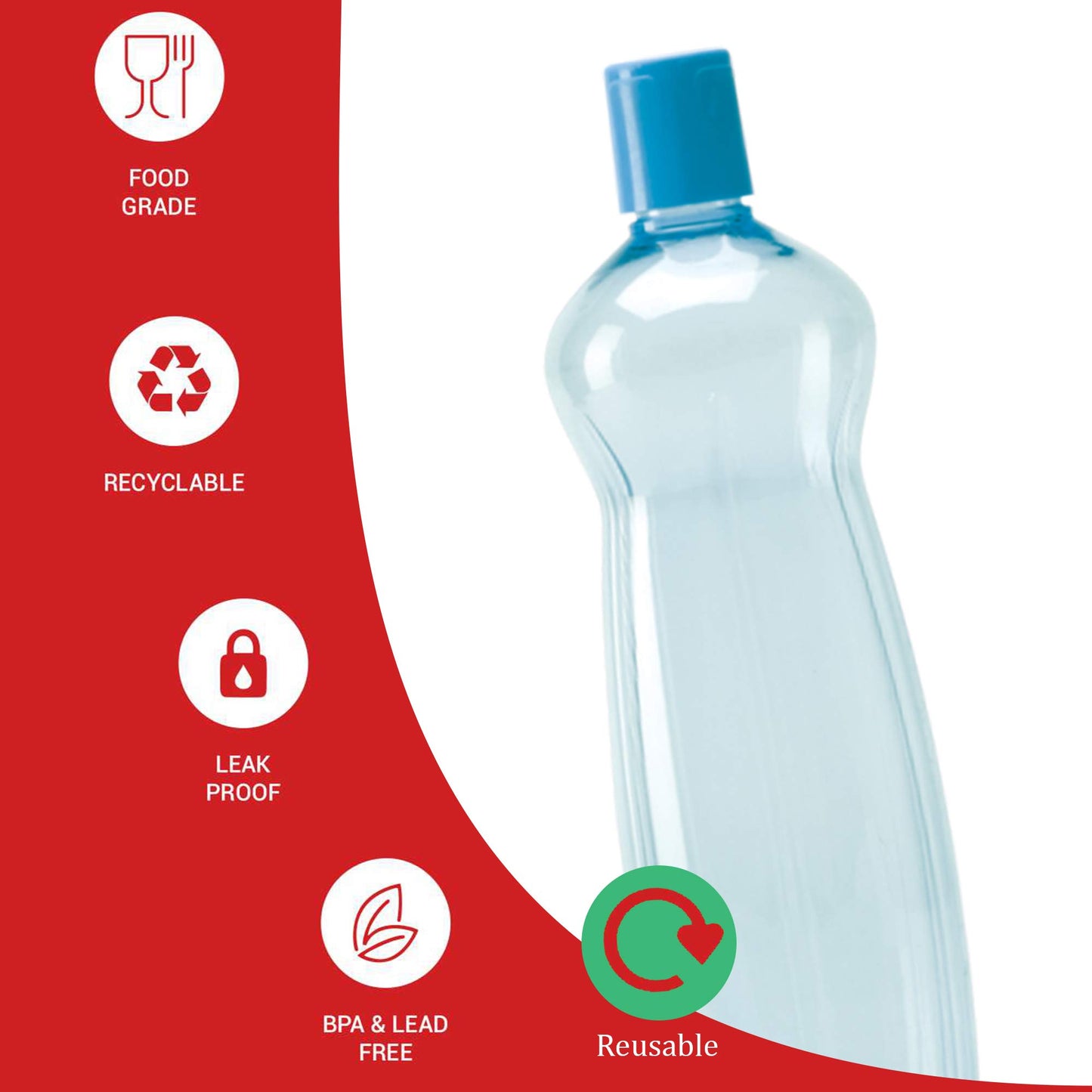 MILTON Pacific Pack of 6 Water Bottles, 1 Litre Each, Reusable Plastic Fridge Bottle Set, BPA Free and Leak Proof Bottles for Travel, Work, Blue