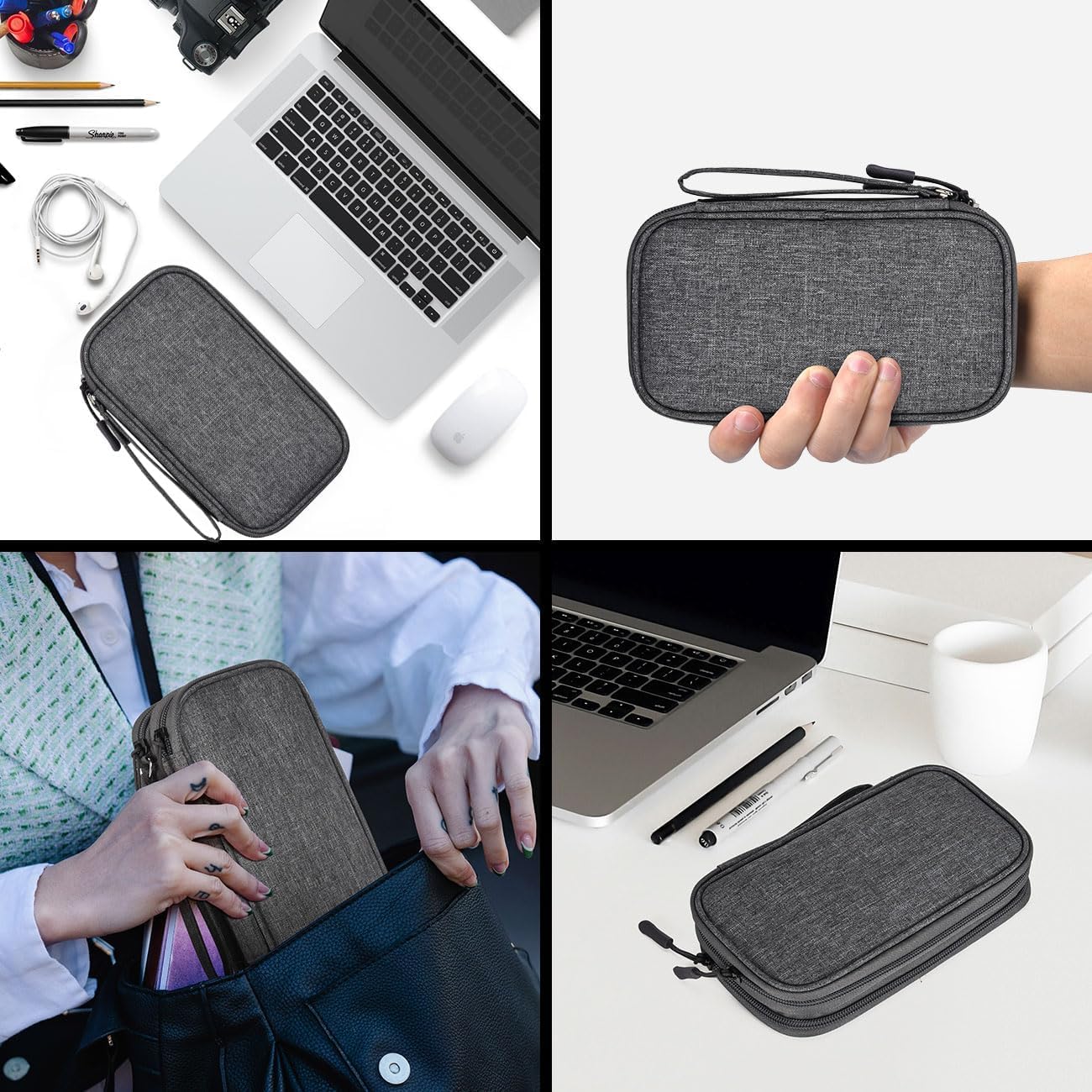 SaleOn 8.3x5 inch Portable Storage Organizer Bag for USB Cable, Earphone, Power Bank, Mobile Charger, Hard Disk & Digital Gadgets with Mesh Pockets, Dual Zippers & Elastic Loops, Inside Color May Vary