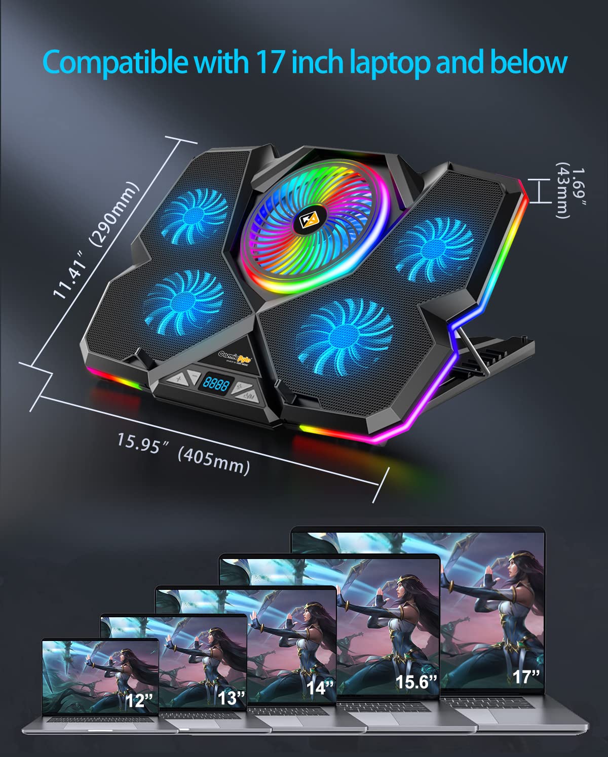 Cosmic Byte Cyclone RGB Laptop Cooling Pad with 5 Fan, Adjustable Speed, USB Hub (Black/Blue)
