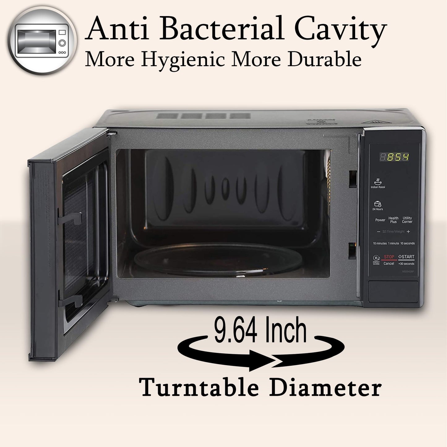 LG 20 L Solo Microwave Oven (MS2043BP, Black, Health plus Menu, I-Wave Technology, Indian Cuisine, Even Reheat & Defrost, Auto Cook Menu, Anti-Bacterial Cavity & Steam Clean)