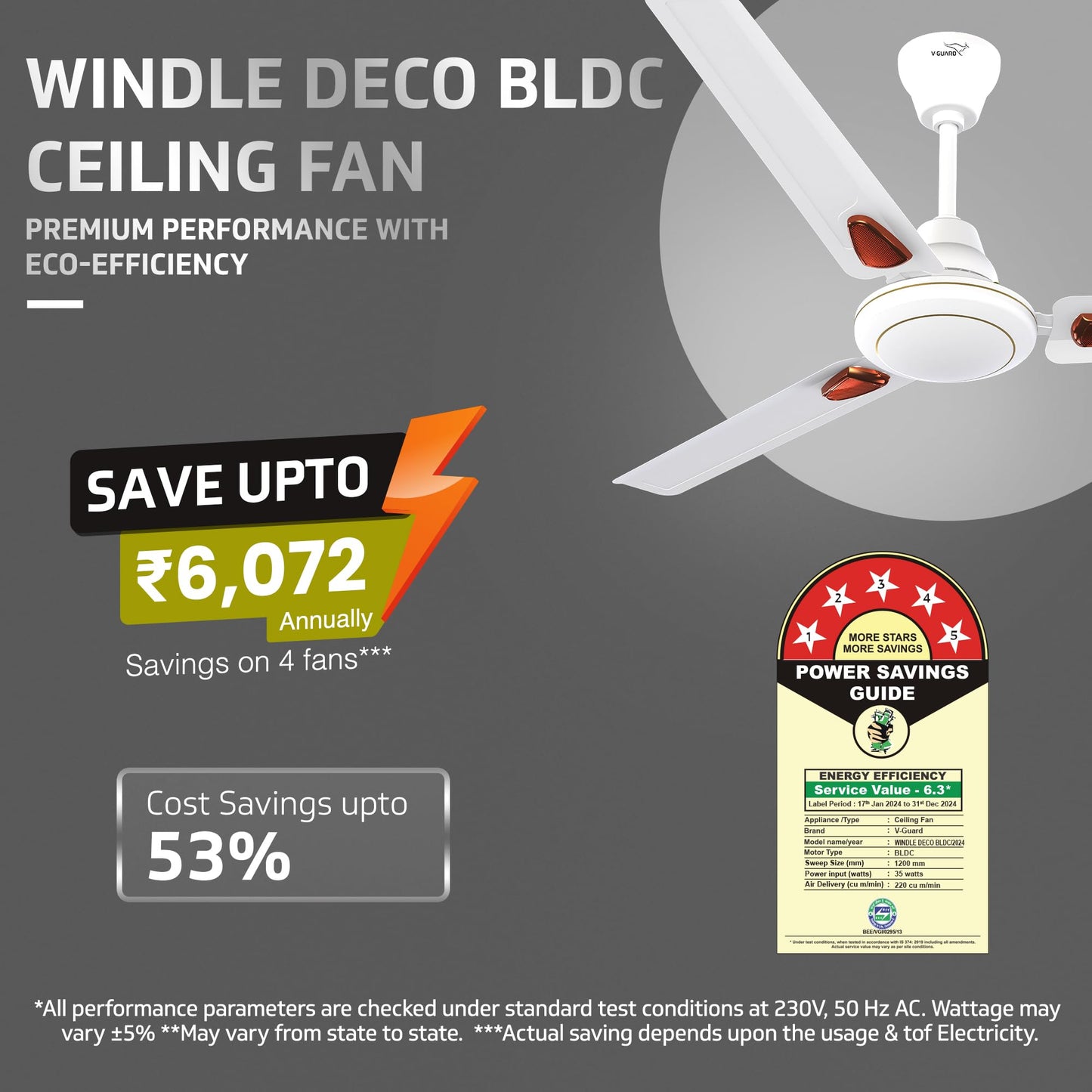 V-Guard Windle Deco BLDC Ceiling Fan for Home | 5 Star Rated Energy Efficient | Remote Control | White | 1.2 meters