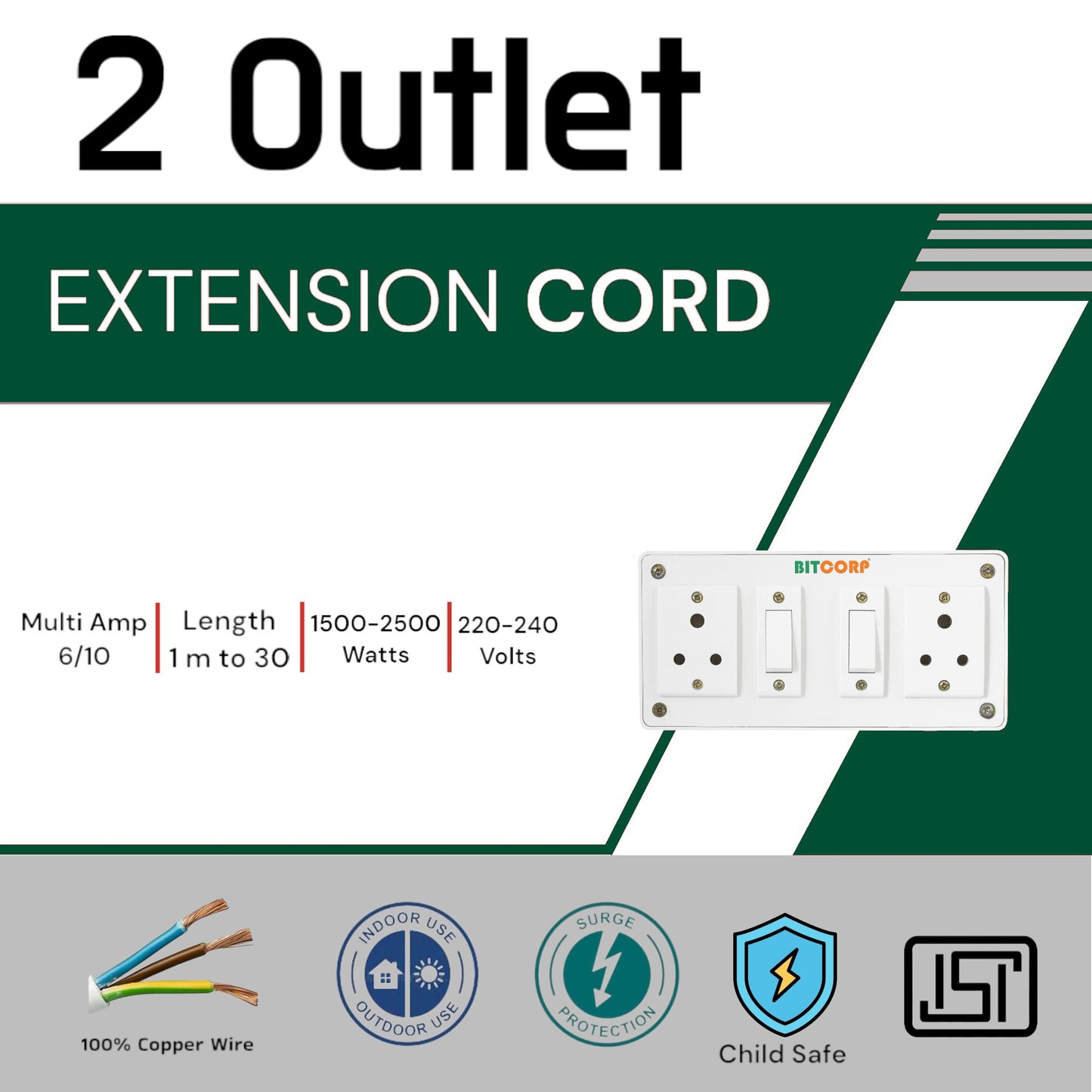 Bitcorp Extension Board Small and Heavy Duty Junction Box 6A 10A 13A 2 Way Socket 2 Switch (2000W) High Voltage with Thermal Protection Surge Control 2 Meter Long Cable Cord (White)