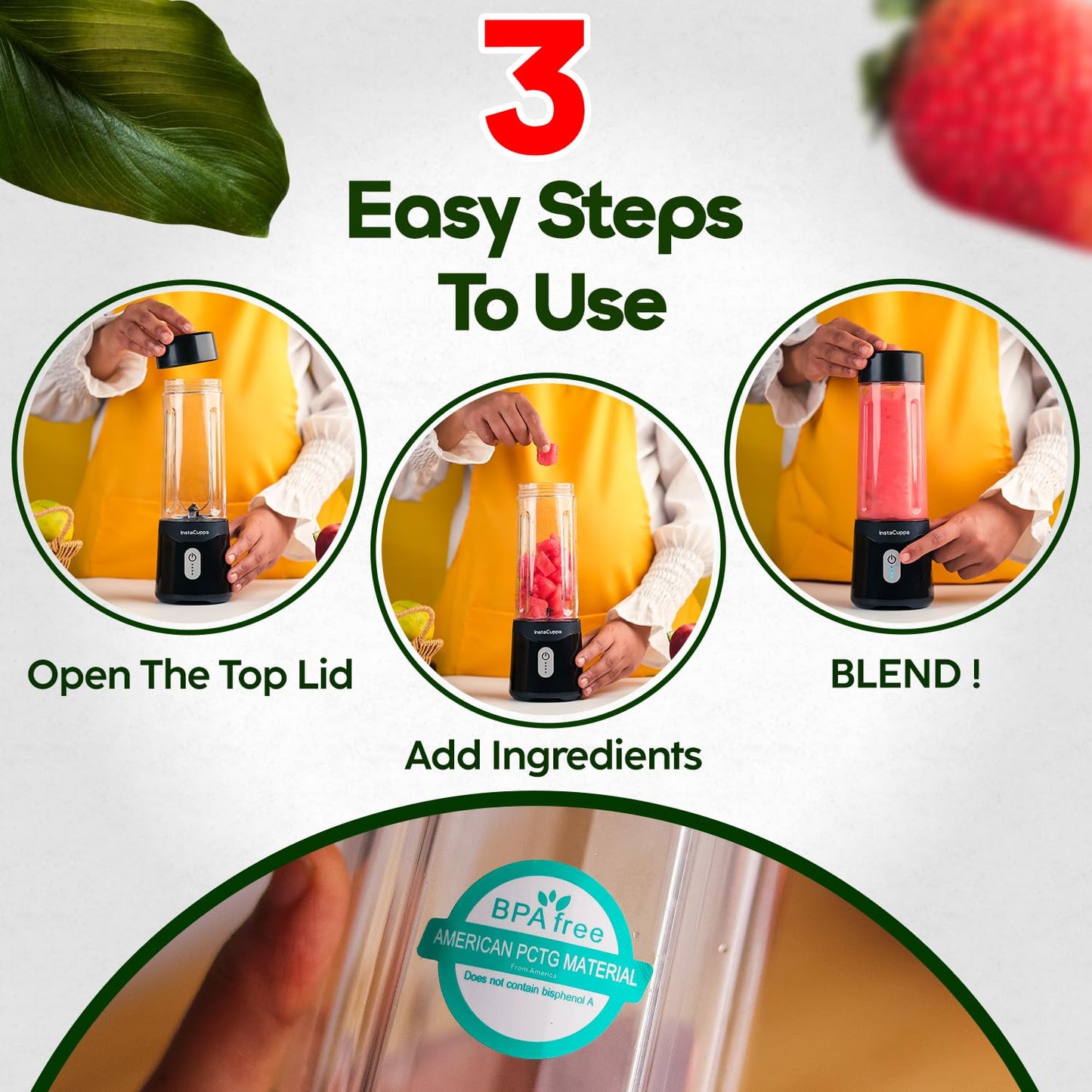 InstaCuppa Portable Blender for Smoothie, Milk Shakes, Crushing Ice and Juice, USB Rechargeable Battery with 4000 mAh 230 Watts Motor, 500 ML, built-in Jar, Black (Stainless Steel Blades)