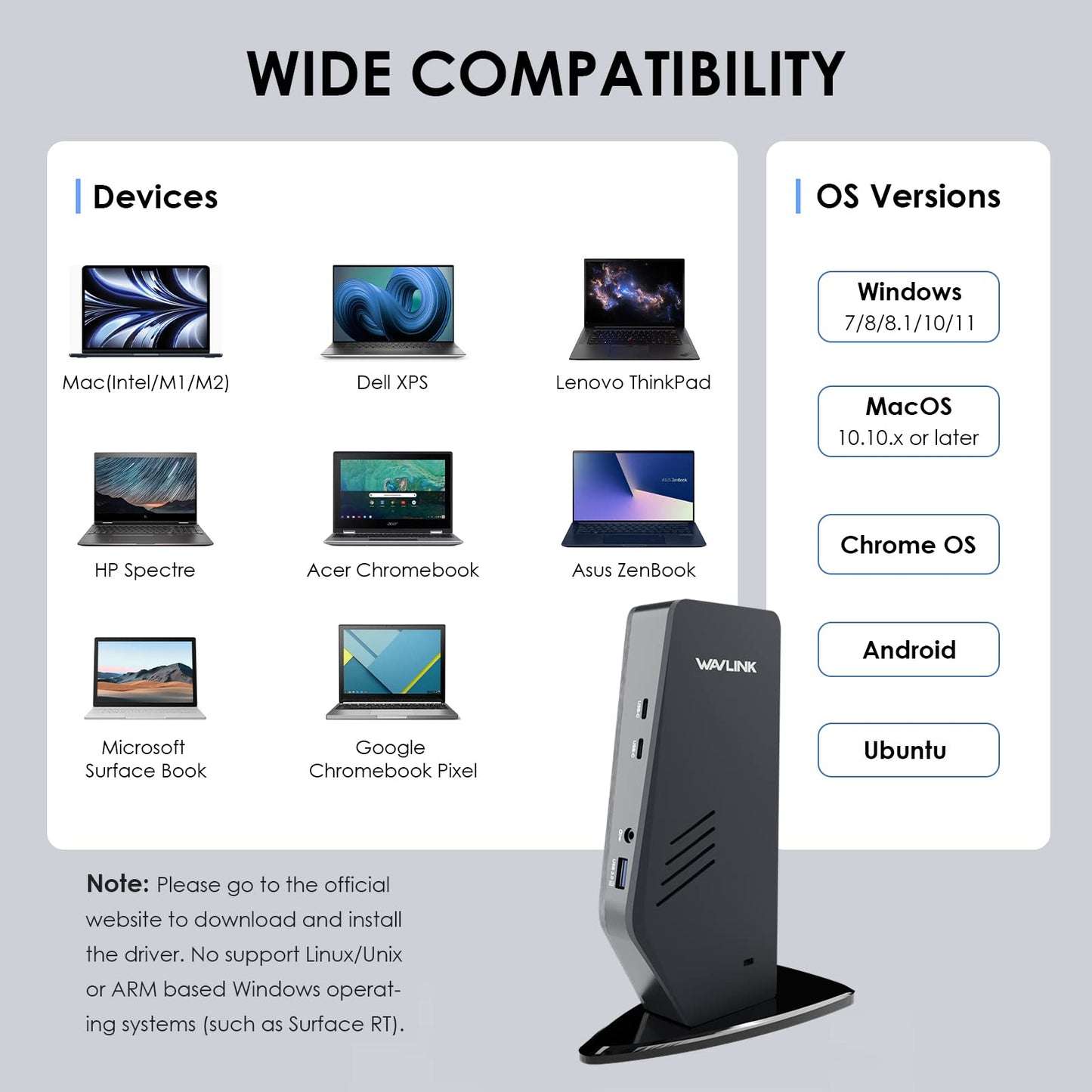 WAVLINK USB C Universal Laptop Docking Station with 60W,Dual 4K @60Hz Monitor for USB-C and USB 3.0,Compatible with Windows, Mac, and Chrome(2 HDMI,2 DP, 6xUSB, LAN, Audio)