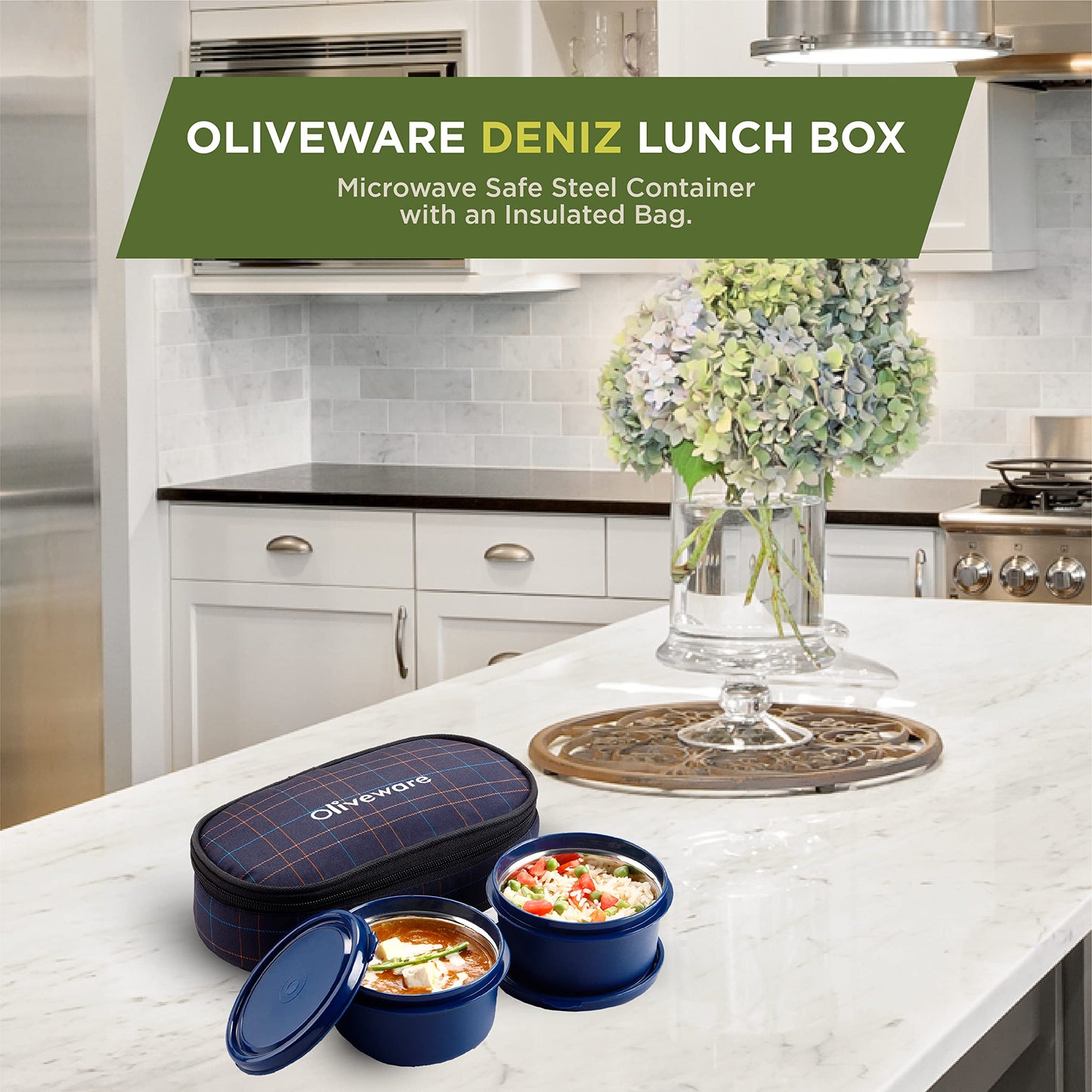Oliveware Deniz Lunch Box, 2 Inner Steel Containers (450 ml Each), Leak Proof & Microwave Safe, Insulated Fabric Bag, Full Meal & Easy to Carry (Blue)