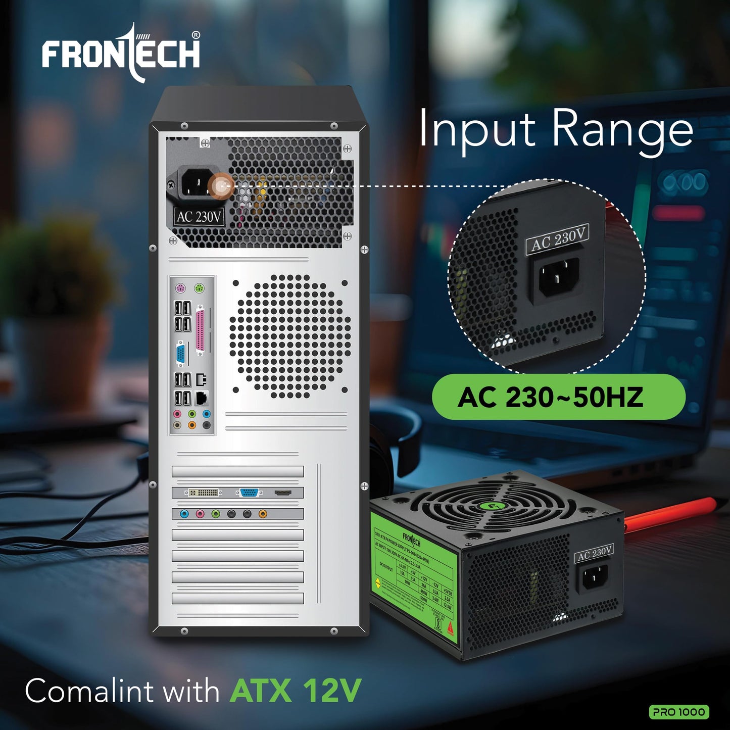 FRONTECH Pro Gaming 1000 High-Efficiency Power Supply| Built-in Protections| 3X SATA| ATX 12V| 20/24 Pin Main Power| 120mm Smart Cooling Fan| PCIe Connector| Power Cable (PS-0014, Black)