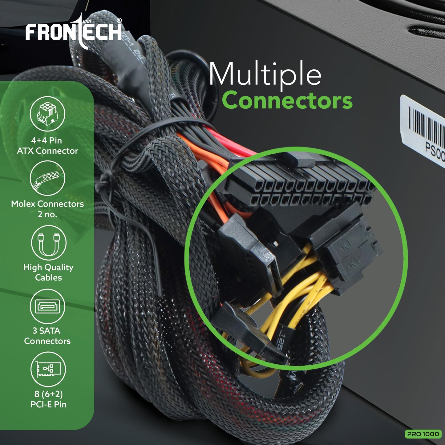 FRONTECH Pro Gaming 1000 High-Efficiency Power Supply| Built-in Protections| 3X SATA| ATX 12V| 20/24 Pin Main Power| 120mm Smart Cooling Fan| PCIe Connector| Power Cable (PS-0014, Black)