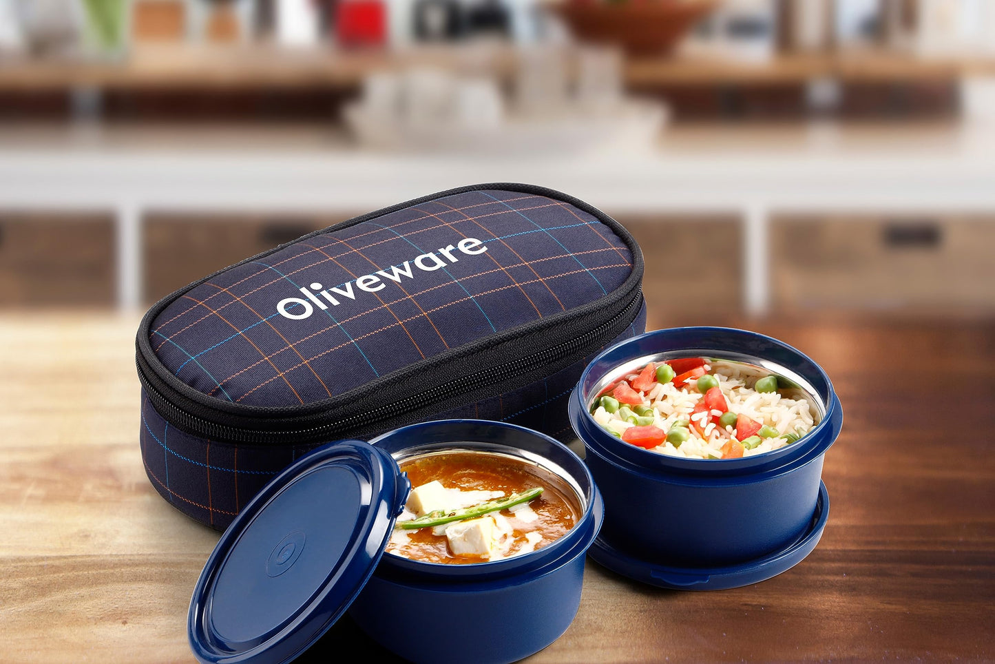 Oliveware Deniz Lunch Box, 2 Inner Steel Containers (450 ml Each), Leak Proof & Microwave Safe, Insulated Fabric Bag, Full Meal & Easy to Carry (Blue)
