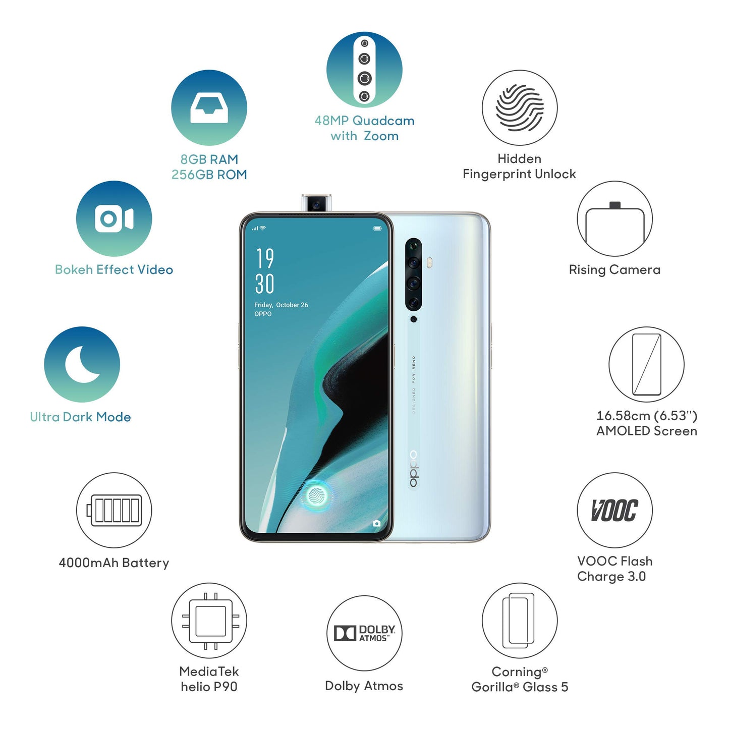 OPPO Reno2 Z (Sky White, 8GB RAM, 256GB Storage) with No Cost EMI/Additional Exchange Offers