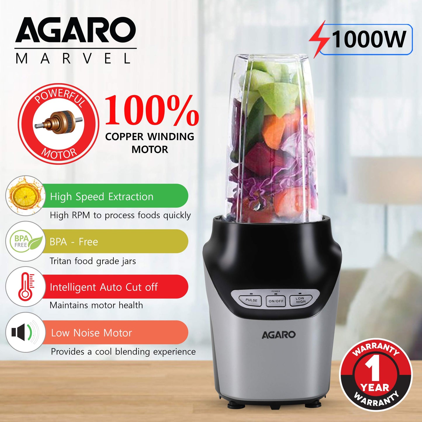 AGARO Marvel Nutri Blender, BPA Free 2 Tritan Jars, 1000W, 100% Copper Motor, 2 Speed Modes with Pulse, Detachable Base, Stainless Steel Blades, Blend, Mix, Grind, Smoothie, Juice Maker, Black