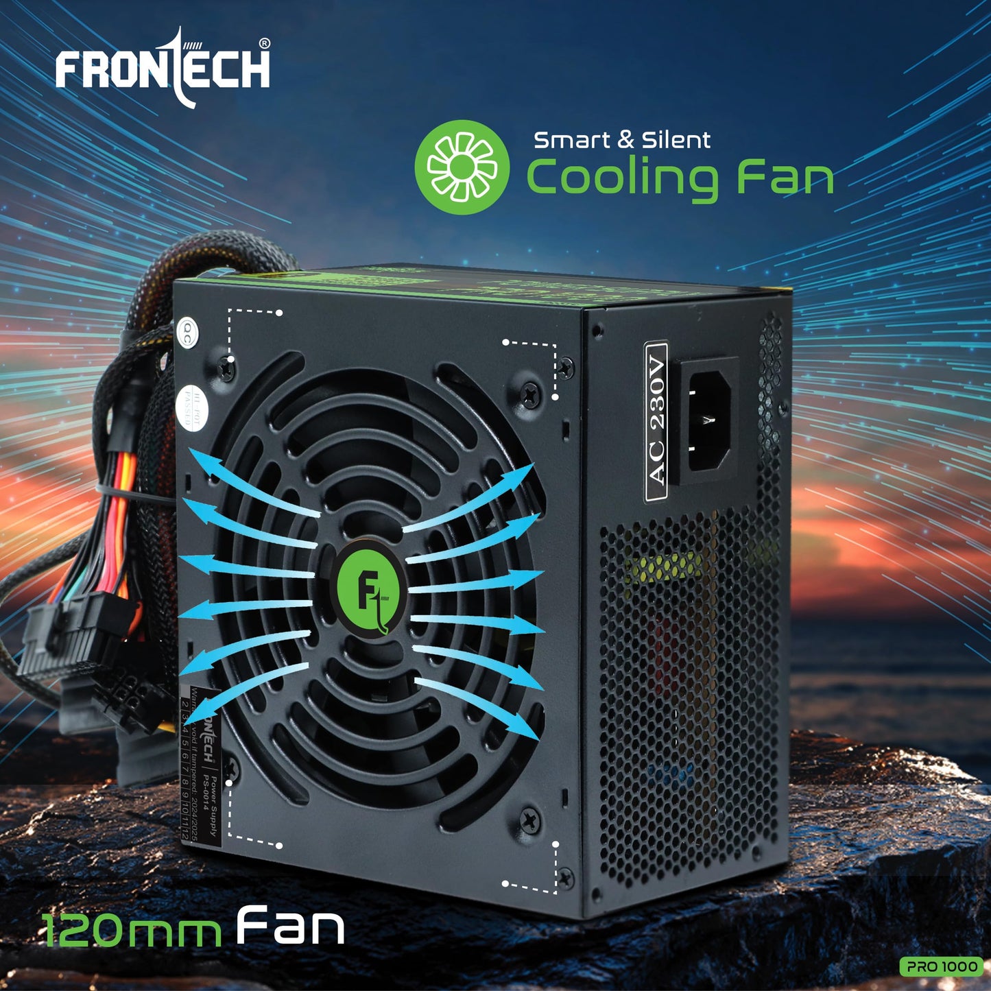 FRONTECH Pro Gaming 1000 High-Efficiency Power Supply| Built-in Protections| 3X SATA| ATX 12V| 20/24 Pin Main Power| 120mm Smart Cooling Fan| PCIe Connector| Power Cable (PS-0014, Black)