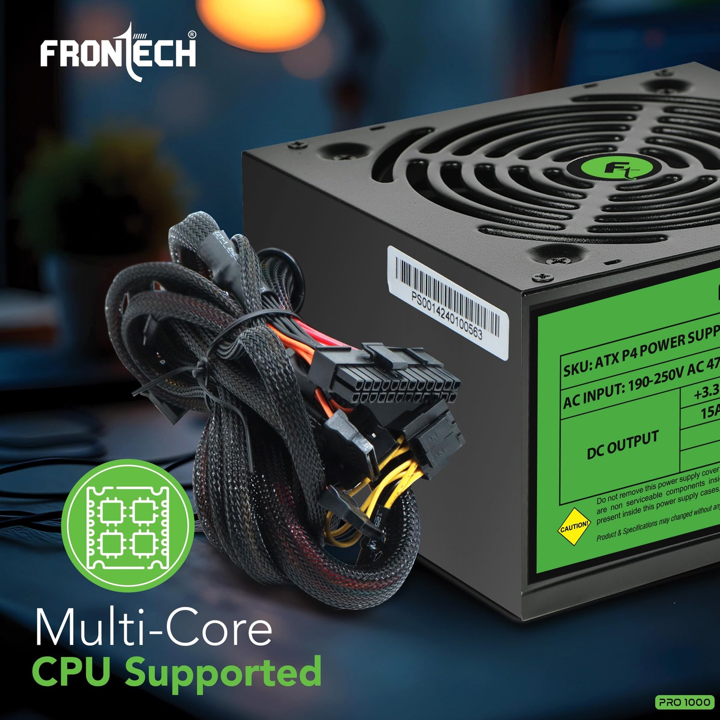FRONTECH Pro Gaming 1000 High-Efficiency Power Supply| Built-in Protections| 3X SATA| ATX 12V| 20/24 Pin Main Power| 120mm Smart Cooling Fan| PCIe Connector| Power Cable (PS-0014, Black)