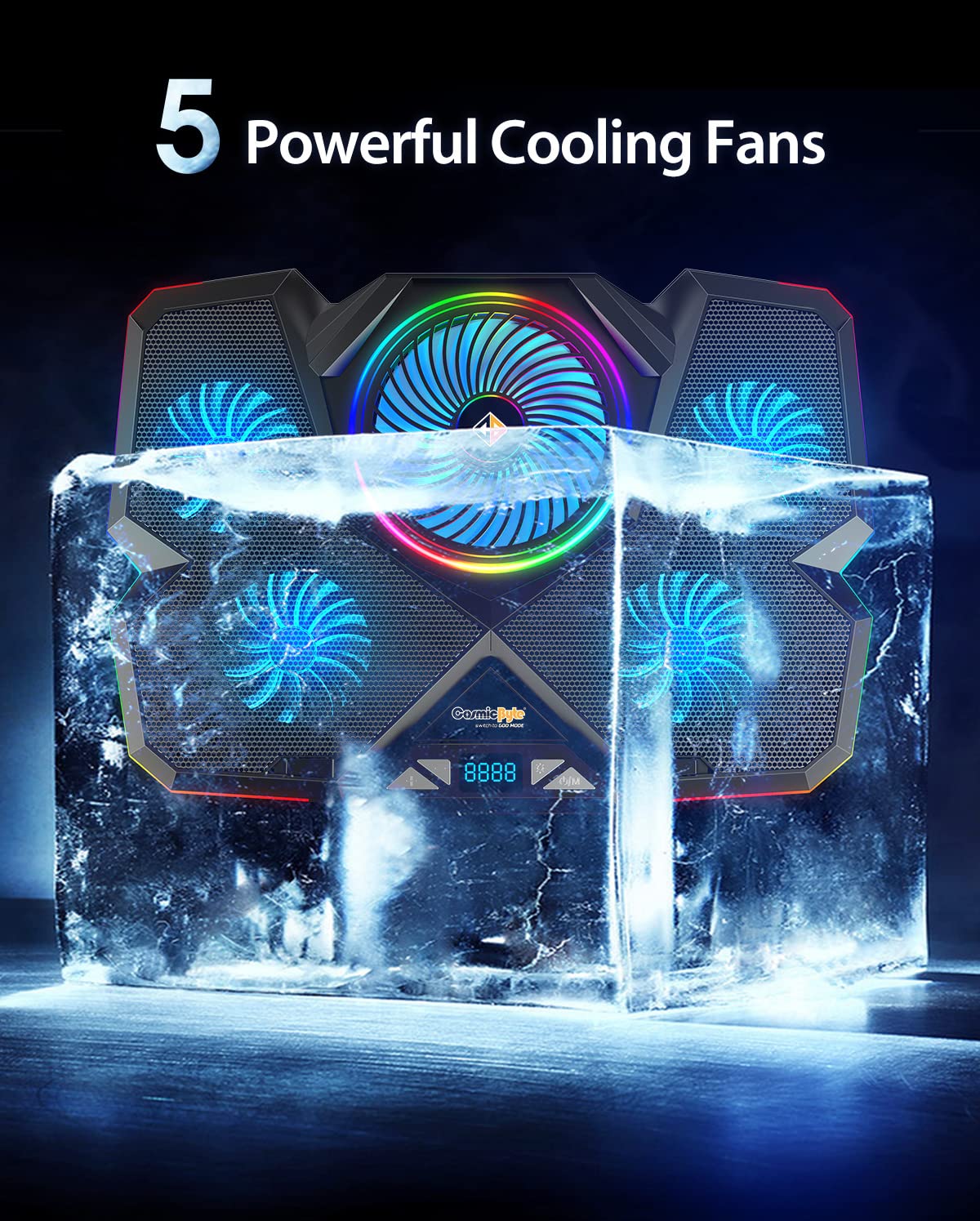Cosmic Byte Cyclone RGB Laptop Cooling Pad with 5 Fan, Adjustable Speed, USB Hub (Black/Blue)