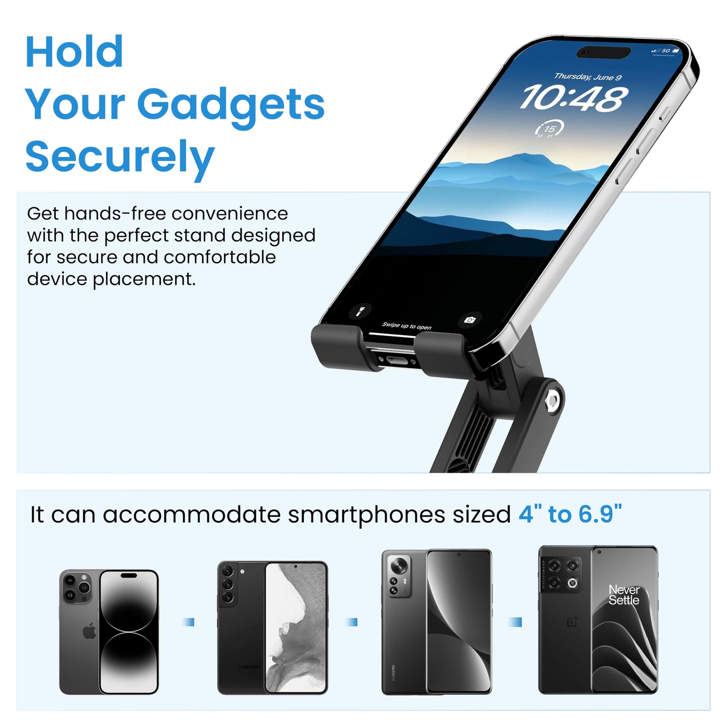 Ambrane 360° Rotation, Foldable Design Mobile Stand with Stable Metalic Round Base, Multiple Height & Angle adjustments Compatible with Smartphones, Tablets, Kindles & iPad (Twistand 360, Black)