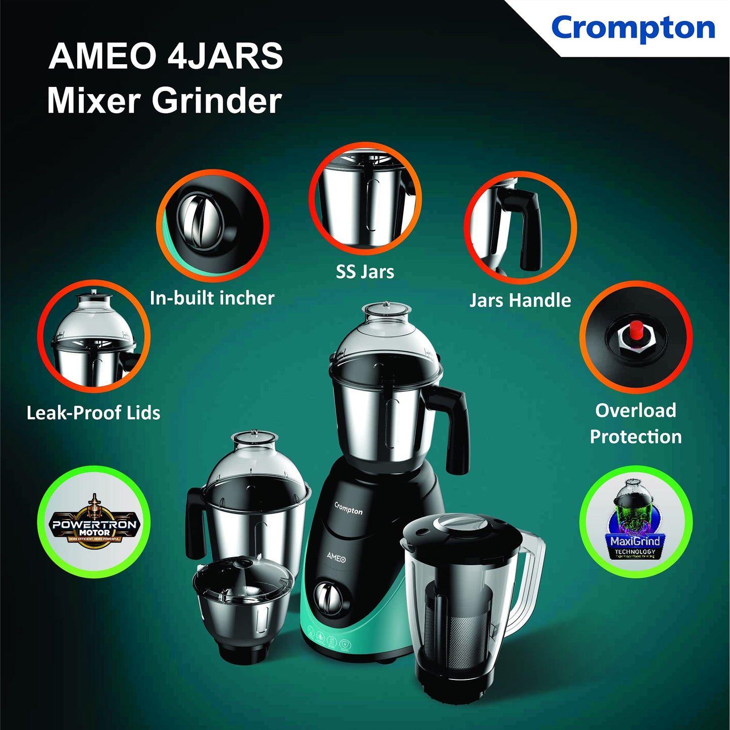 Crompton Ameo 750-Watt Mixer Grinder with MaxiGrind and Motor Vent-X Technology (3 Stainless Steel Jars and 1 Juicer Jar, Black & Green) (AMEO-4JARS)