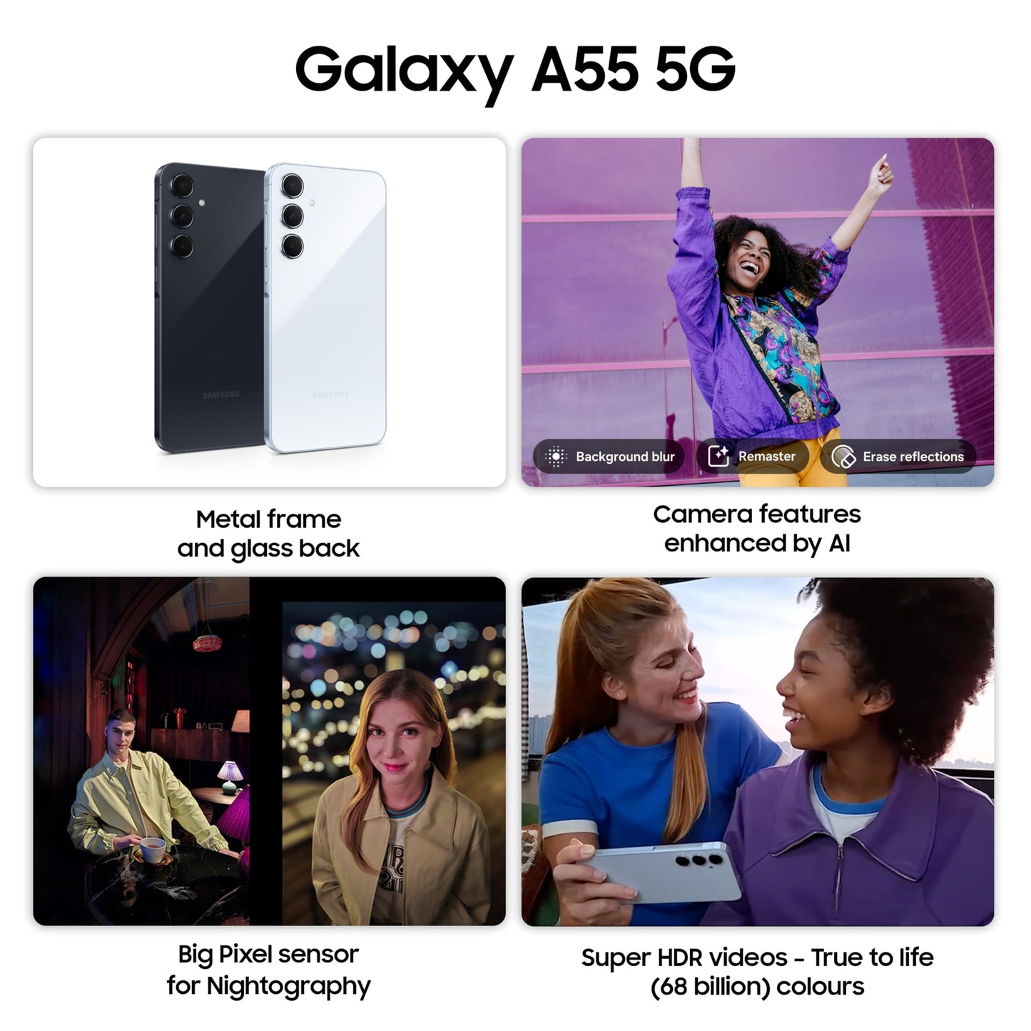 Samsung Galaxy A55 5G (Awesome Navy, 8GB RAM, 128GB Storage) | Metal Frame | 50 MP Main Camera (OIS) | Nightography | IP67 | Corning Gorilla Glass Victus+ | sAMOLED with Vision Booster