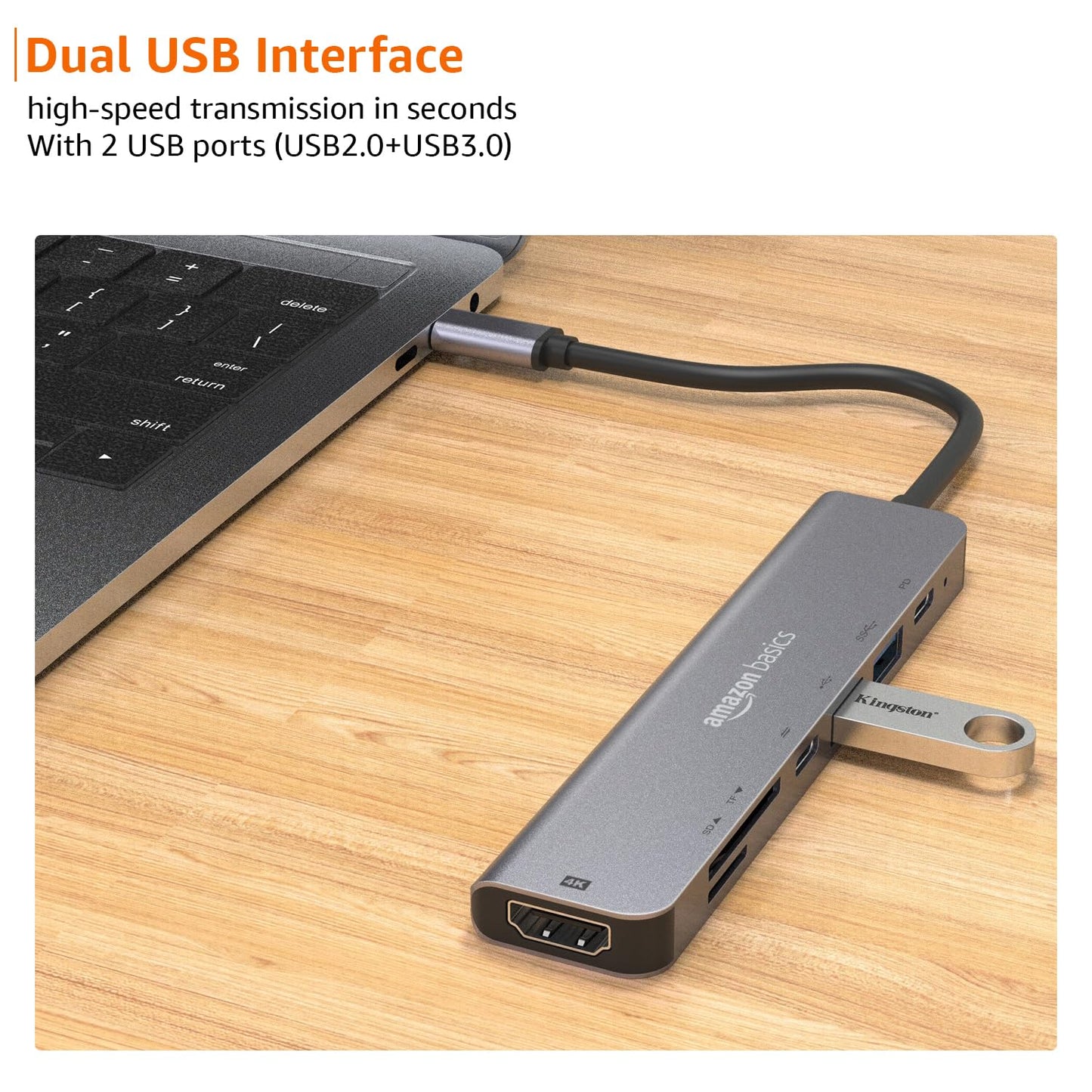 Amazon Basics 7-in-1 USB C HUB to 4K HDMI Multiport Adapter Compatible for USB C Laptops and Other Type C Devices MacBook Pro M1 M2,(4K HDMI USB3.0 SD/TF Card Reader 85W PD Data)
