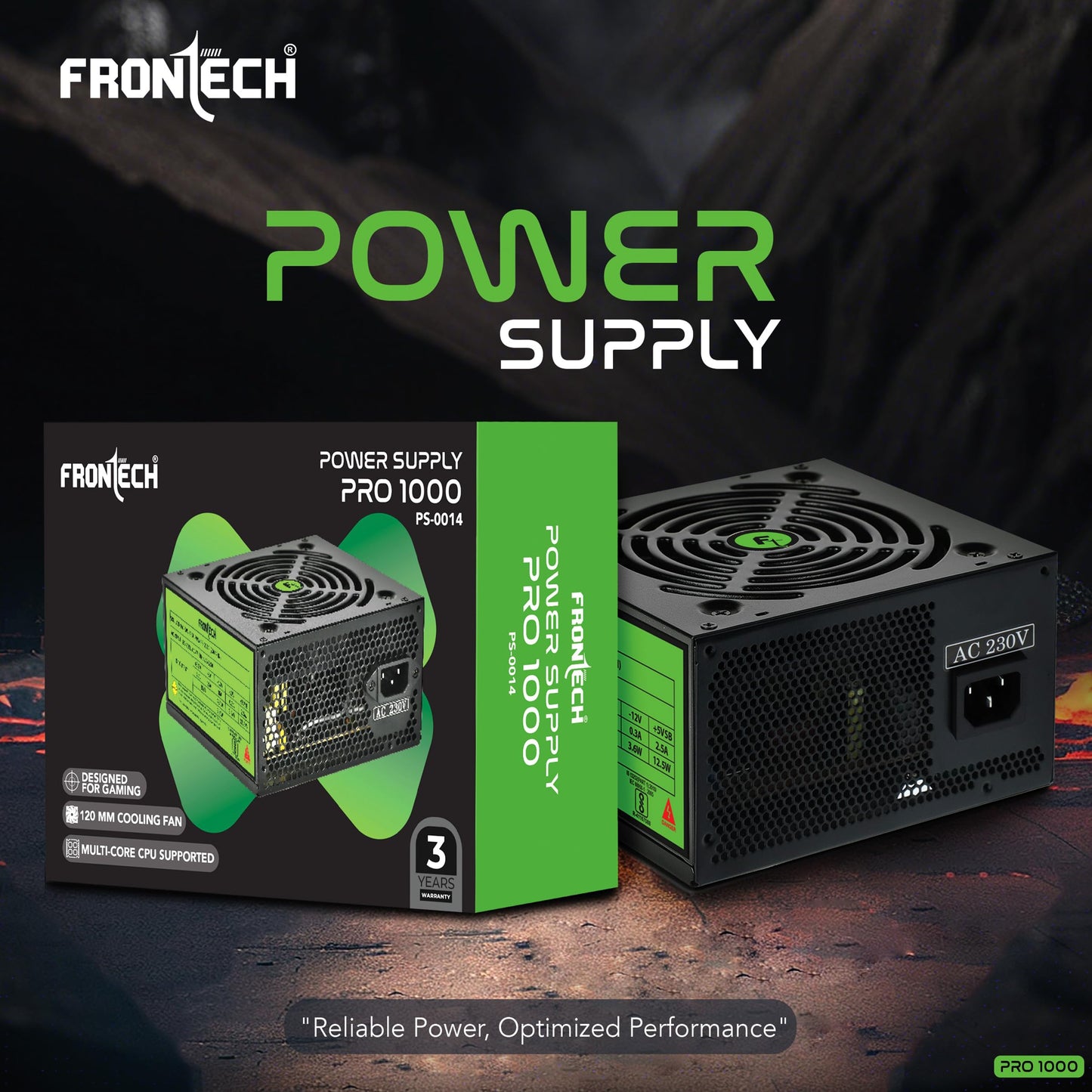 FRONTECH Pro Gaming 1000 High-Efficiency Power Supply| Built-in Protections| 3X SATA| ATX 12V| 20/24 Pin Main Power| 120mm Smart Cooling Fan| PCIe Connector| Power Cable (PS-0014, Black)