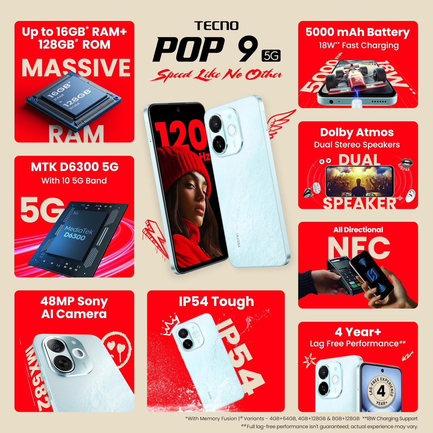 Tecno POP 9 5G (Azure Sky, 8GB+128GB) | D6300 5G Processor | 48MP Sony AI Camera | 4+ Year Lag Free Fluency |5000 mAh Battery |Dual Speaker | 5G with NFC | Without Charger