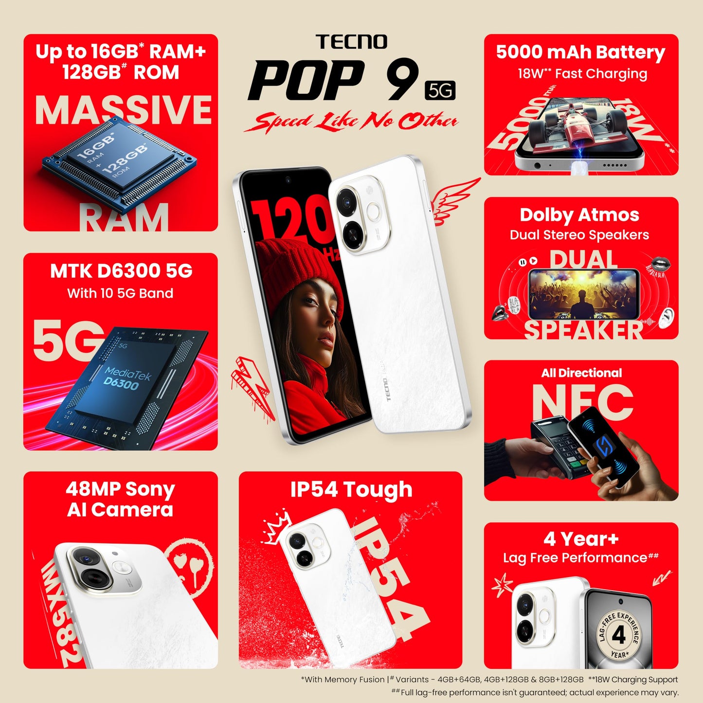 Tecno POP 9 5G (Aurora Cloud, 8GB+128GB) | D6300 5G Processor | 48MP Sony AI Camera | 4+ Year Lag Free Fluency |5000 mAh Battery |Dual Speaker | 5G with NFC | Without Charger
