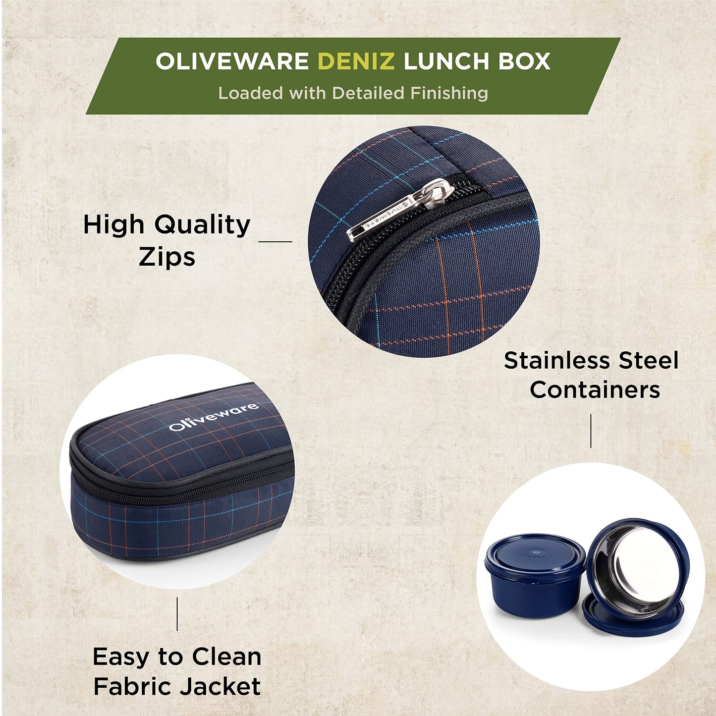 Oliveware Deniz Lunch Box, 2 Inner Steel Containers (450 ml Each), Leak Proof & Microwave Safe, Insulated Fabric Bag, Full Meal & Easy to Carry (Blue)
