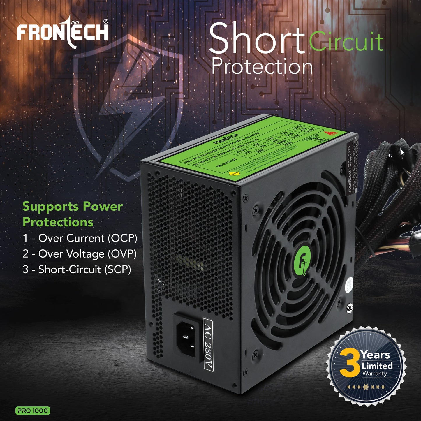 FRONTECH Pro Gaming 1000 High-Efficiency Power Supply| Built-in Protections| 3X SATA| ATX 12V| 20/24 Pin Main Power| 120mm Smart Cooling Fan| PCIe Connector| Power Cable (PS-0014, Black)