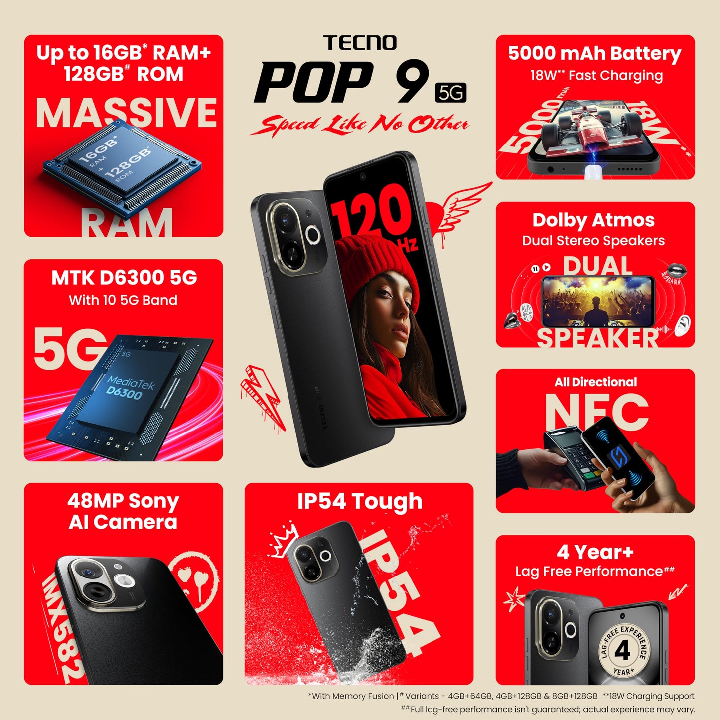 Tecno POP 9 5G (Midnight Shadow, 8GB+128GB) | D6300 5G Processor | 48MP Sony AI Camera | 4+ Year Lag Free Fluency |5000 mAh Battery |Dual Speaker | 5G with NFC | Without Charger