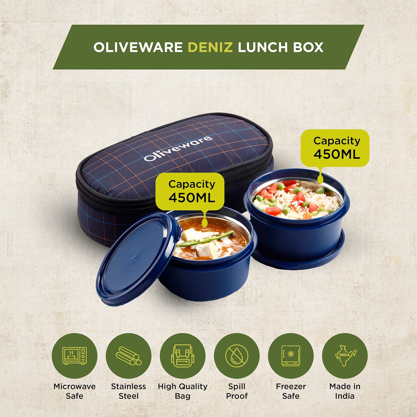 Oliveware Deniz Lunch Box, 2 Inner Steel Containers (450 ml Each), Leak Proof & Microwave Safe, Insulated Fabric Bag, Full Meal & Easy to Carry (Blue)