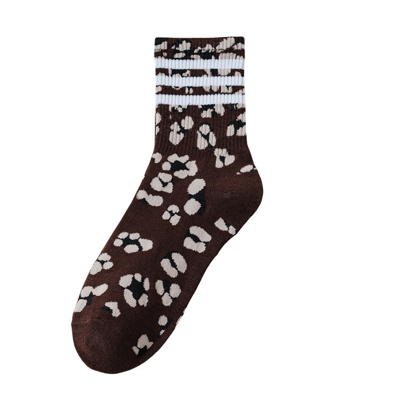 Socks Women's Mid-length Socks Spring and Autumn Korean Style Fashionable Socks Spotted Leopard Print Stockings All-match Non-slip Women's High Socks