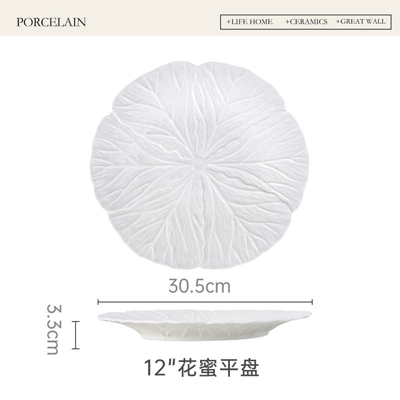 Household Dish Ceramic Plate Creative Cabbage Embossed Tableware Flower-shaped Western Food Plate Dessert Plate Restaurant Light Luxury Flat Plate