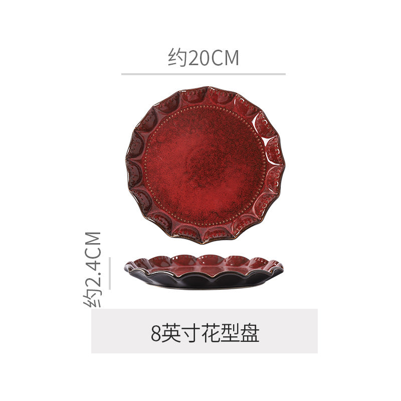 Personalized wine red ceramic restaurant hotel tableware embossed exquisite fruit pastry tray tea tray household dish salad bowl