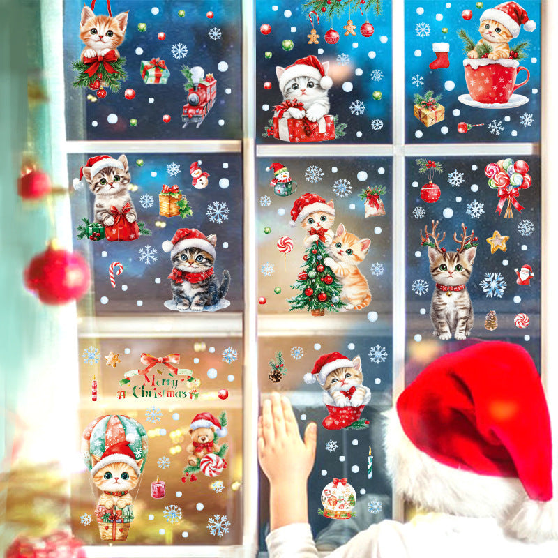 Cross-border New Cute Christmas Cat Balloon Gift Snowflake Glass Stickers Christmas Shopping Mall Glass Door Decorative Stickers