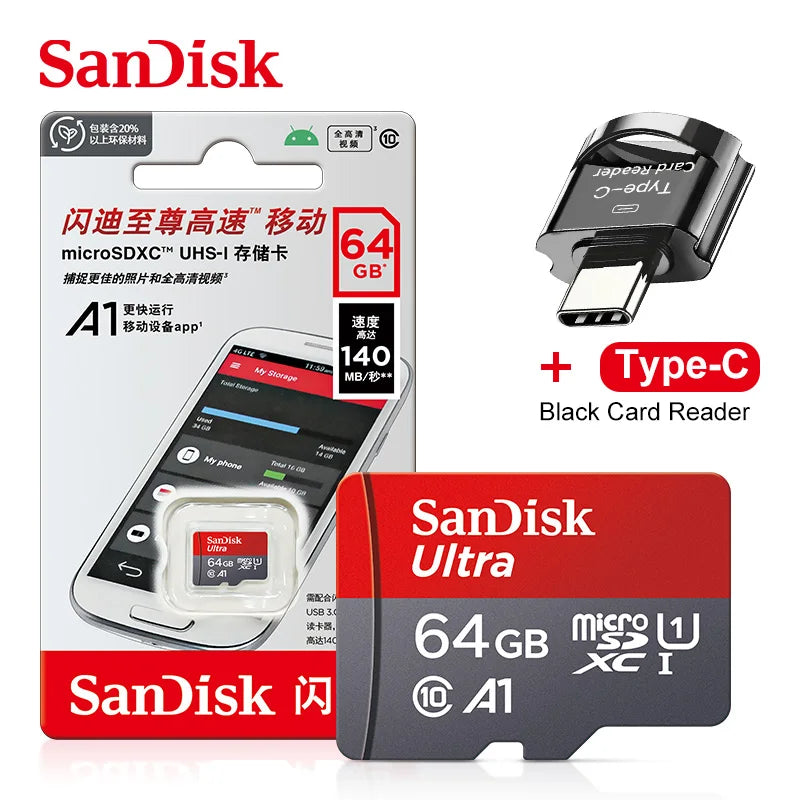Original SanDisk A1 Memory Card 256GB 128GB 100MB/S 64GB 32GB Micro SD Card Class 10 UHS-1 Flash MicroSD TF + Type-C Card Reader