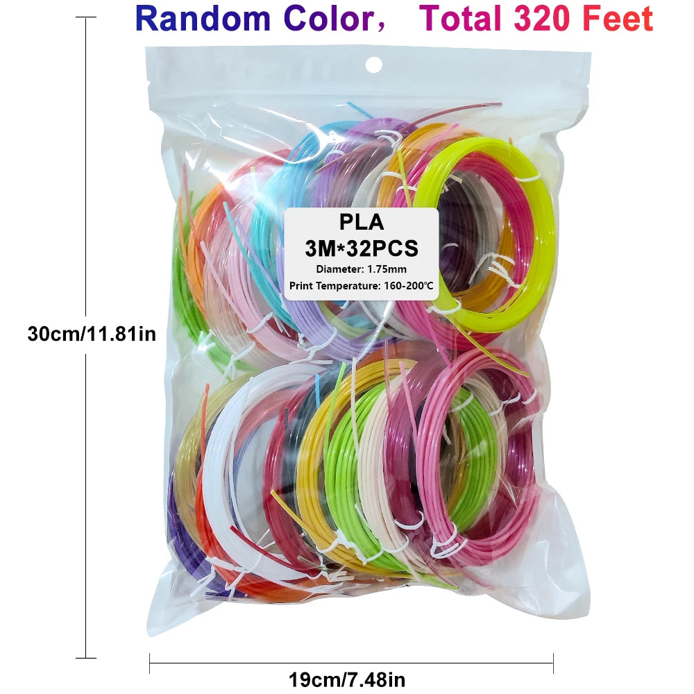 32/15/10 Colors 3D Pen Filament Refills 1.75mm PLA, Each Color 10Feet(3m), Total 320/150/100 Feet (96/45/30m), Random Color