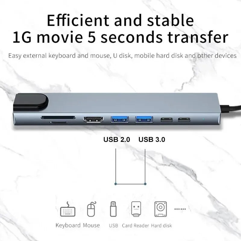 USB C Hub 8In1 7in2 7in1 Type C 3.1 To 4K HDMI Adapter with RJ45 SD/TF Card Reader PD Fast Charge for MacBook Notebook Laptop