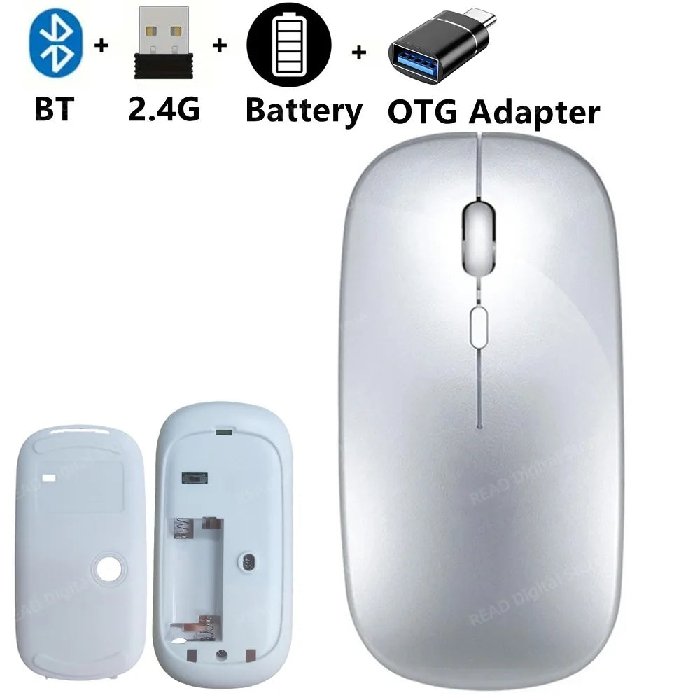 Wireless Mouse Slim Bluetooth-compatible 2.4G Computer Mice Portable Rechargeable/Battery Cordless Mouse for iPad Laptop Desktop