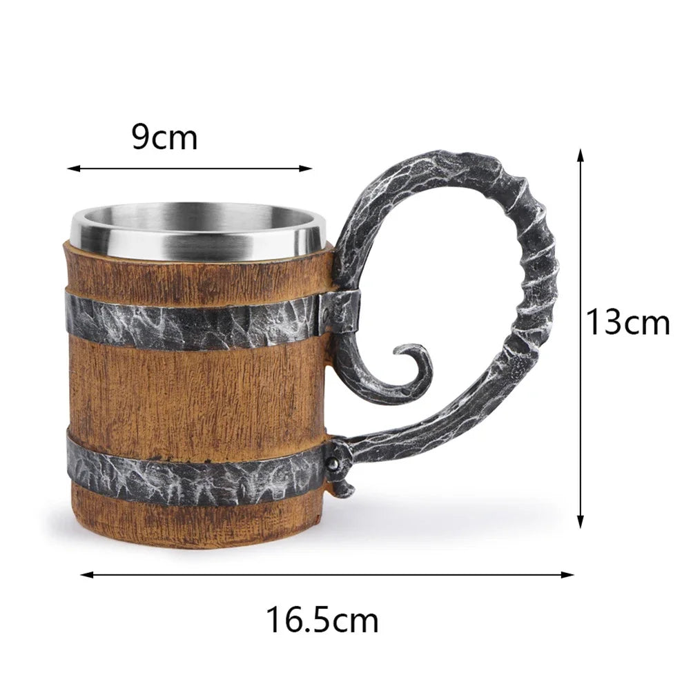 Wooden Barrel Beer Cup Stainless Steel Beer Mug Double Wall Drinking Cups Viking Style Vintage Coffee Mugs Kitchen Supplies