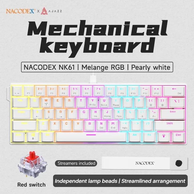 AJAZZ NK61 Wired Mechanical Keyboard 61 Keys 60% Compact Hot Swappable Red Switch RGB Backlit Portable for Gaming Laptop Gamer