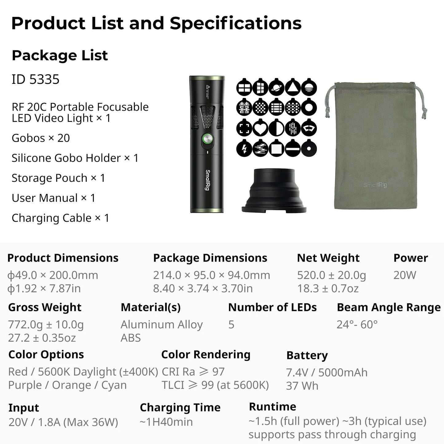 SmallRig RF 20C Portable Focusable LED Video Light 20W Mini Spotlight for SP Air Projection Lens RA-S200 Light Stand 5335