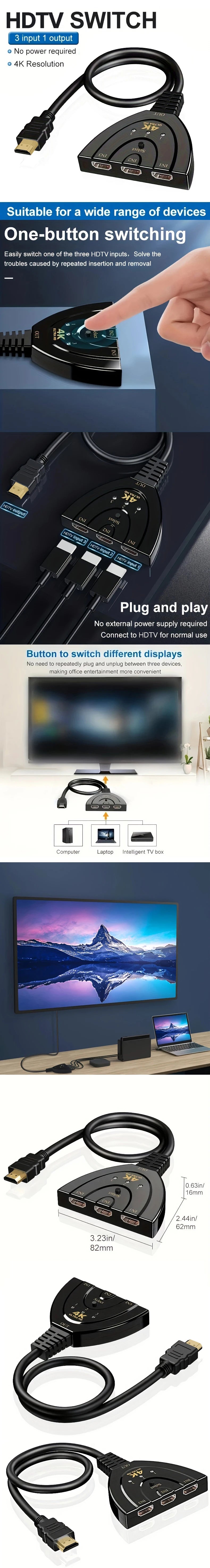 4K*2K 3 Port HDTV-compatible Switch 4K 3D VIdeo Switcher KVM Splitter 3 Input 1 Output Port Hub for Xbox PS4 DVD PC Laptop TV