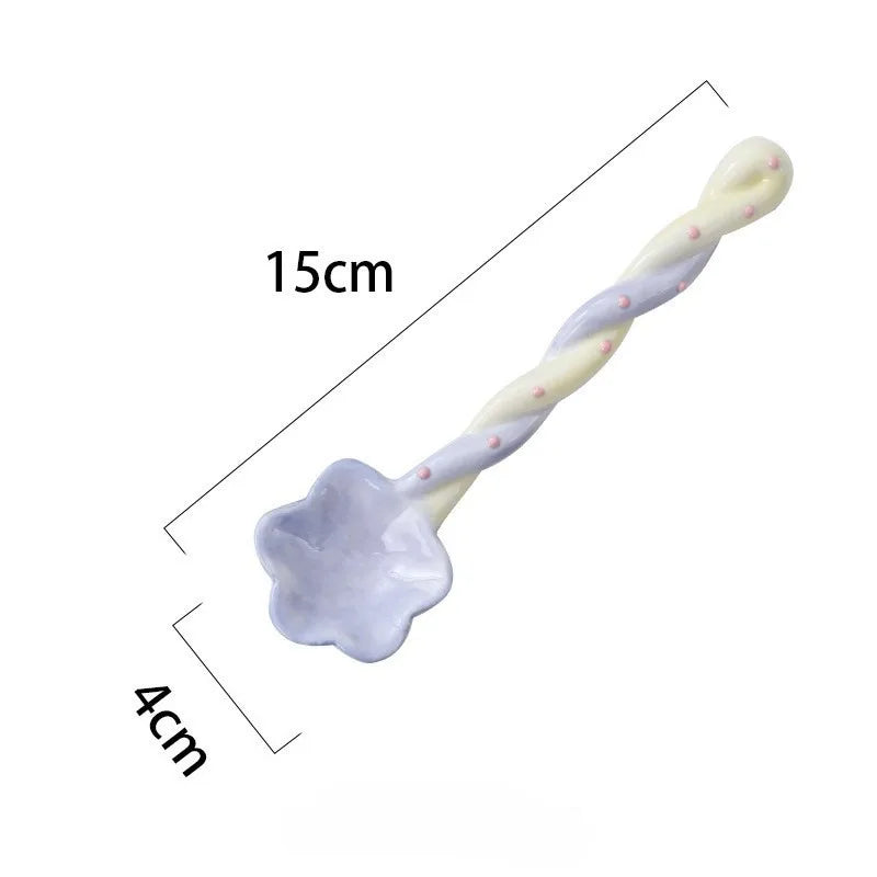 Ceramic Flower Soup Spoon Household Ice Cream Hand Painted Dessert Stirring Spoon with Long Handle Kitchen Tableware Accessories