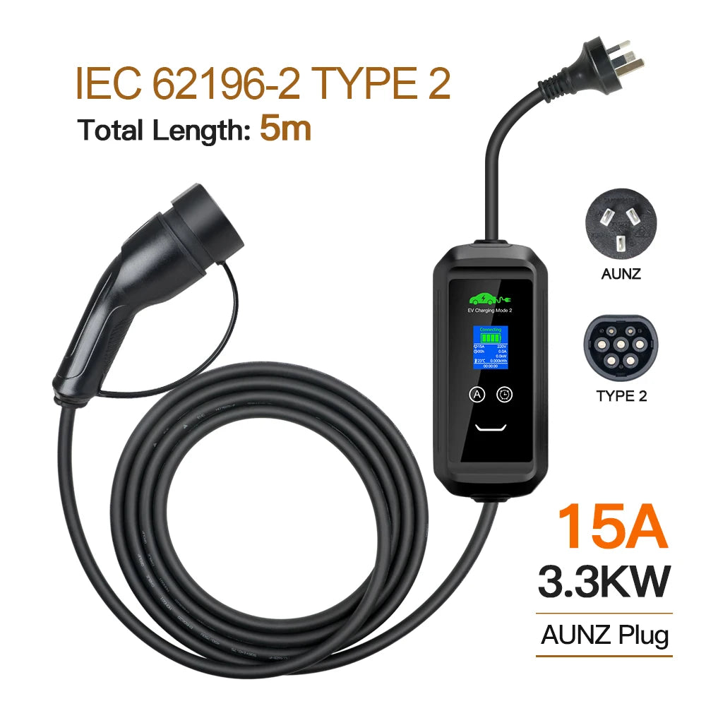 ERDAN 3.3kw J1772 Type 1 IEC62196-2 Type 2 Timing Protable EV Charger 8A 10A 13A 15A Adjustable 110V~250V With AU/NZ Power Plug