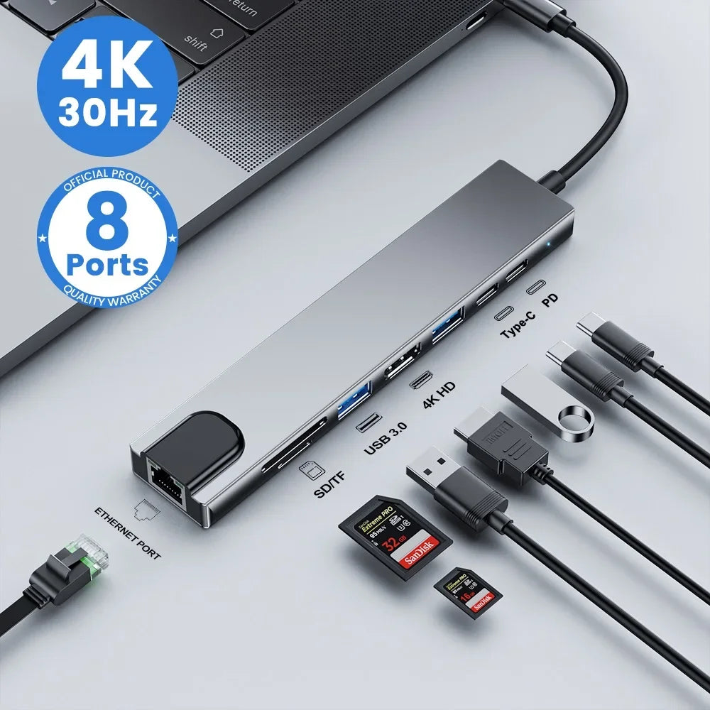 USB C Hub 8In1 7in2 7in1 Type C 3.1 To 4K HDMI Adapter with RJ45 SD/TF Card Reader PD Fast Charge for MacBook Notebook Laptop