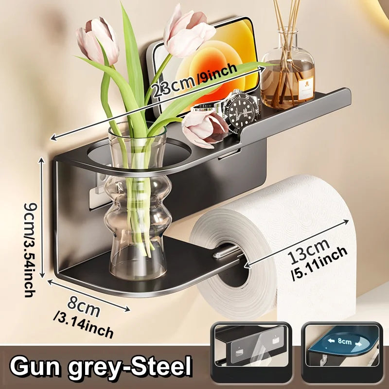 Self Adhesive Toilet Paper Holder with Phone Shelf Stainless Steel Wall Mounted Toilet Paper Roll Holder - Rustproof
