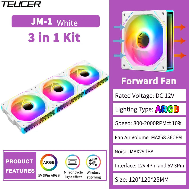 TEUCER JM-1 Computer Case Fan ARGB Mirror Cycle Light Effect 120mm 4Pin PWM PC Cooling Fan Low Noise Water Cooling Ventilador